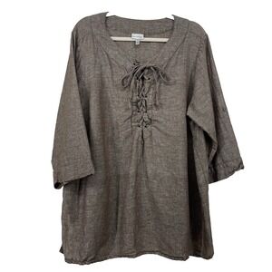 Harve Benard Woman Size 2X Linen Cotton Blend Tunic Top Lagenlook Lace UPp Brown